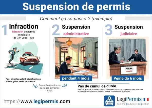 Infraction routière entraînant une suspension de permis. Illustration du processus : rétention immédiate, suspension administrative (4 mois), puis judiciaire (6 mois).