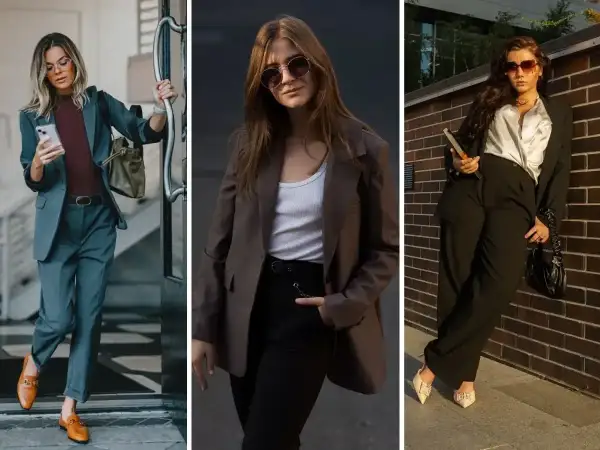 Trzy kobiety prezentują elegancki workwear style: garnitur w odcieniu szarości, brązowa marynarka z białym topem i czarne spodnie z satynową bluzką.