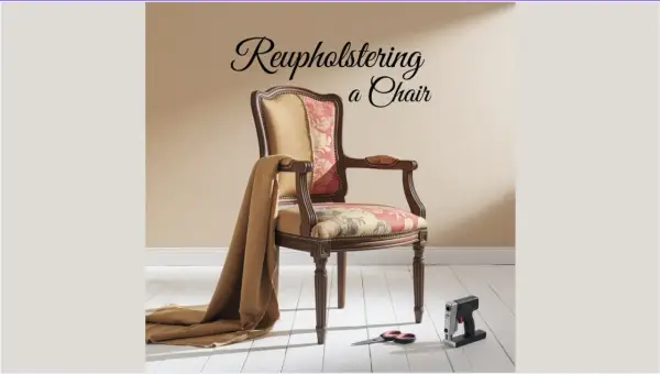 Learn how to reupholster a chair with this elegant armchair, fabric, scissors, and staple gun.