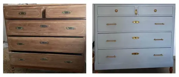 Un mueble antiguo antes y después de restaurar. La cómoda de madera desgastada se transforma con pintura gris y tiradores dorados.