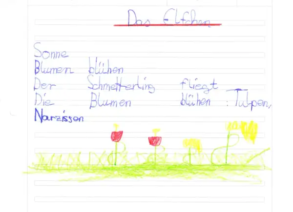 Ein Elfchen-Beispiel mit Sonne, Blumen, Schmetterling und Tulpen. Die Sonne scheint, Blumen blühen, ein Schmetterling fliegt.