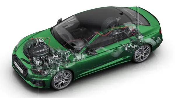 Przekrój zielonego Audi A5 Coupé z widocznym silnikiem, elementami układu napędowego i zawieszenia. To przykład miękkiej hybrydy.