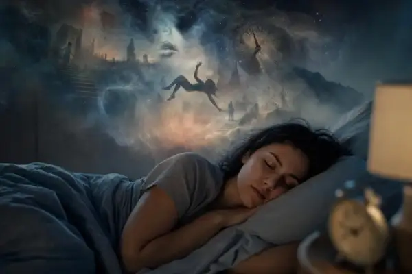 Una donna dorme mentre nel cielo onirico fluttuano figure, scale e un orologio, evocando il significato dei sogni nella psicologia.