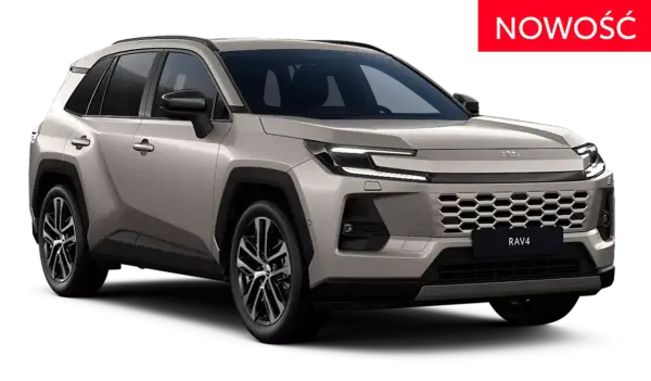 Nowy, beżowy Toyota RAV4 z nowoczesnym grillem i światłami LED. Czerwony napis "NOWOŚĆ" informuje o premierze.