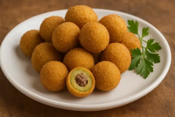 Piatto di olive ascolane fritte, una delizia croccante. La ricetta perfetta per un antipasto sfizioso.