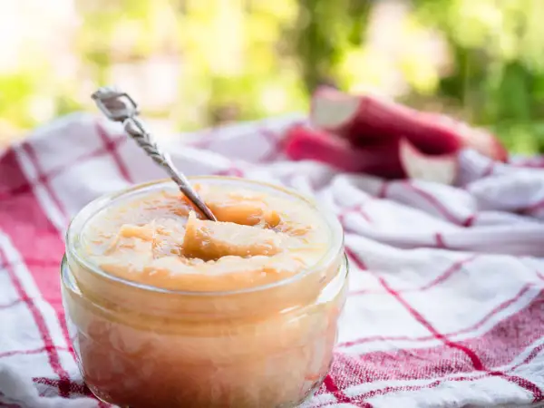 Un pot de compote pomme rhubarbe, avec une cuillère en argent, sur un torchon à carreaux rouges et blancs. Des tiges de rhubarbe sont visibles en arrière-plan.