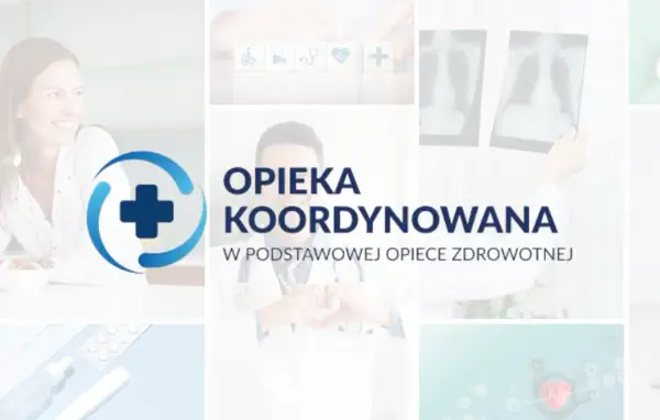 Lekarz tworzy serce z dłoni, symbolizując troskę. Napis "Opieka koordynowana" podkreśla holistyczne podejście do zdrowia.