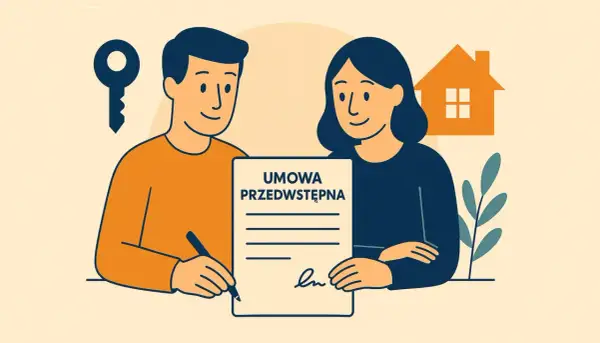 Para kupuje mieszkanie. Mężczyzna podpisuje umowę przedwstępną sprzedaży mieszkania, a obok widać klucz i dom.