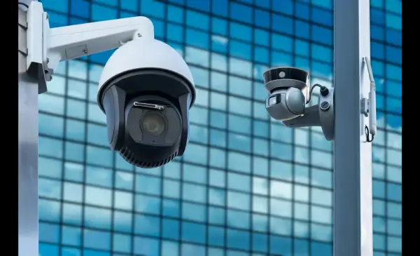 Deux caméras de vidéosurveillance entreprise montées sur un poteau, avec un bâtiment moderne en arrière-plan.