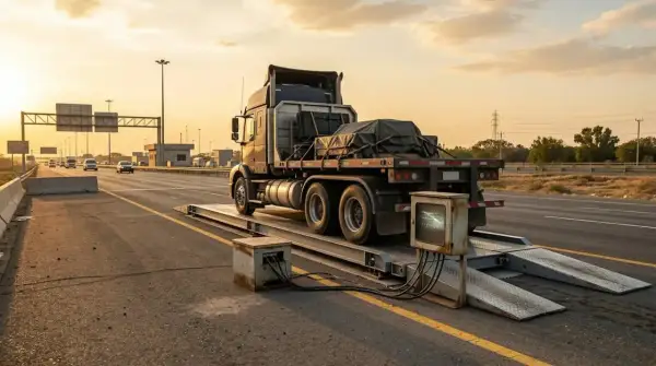 Camion sur une bascule pour contrôle poids lourd. Le soleil couchant éclaire la scène routière.