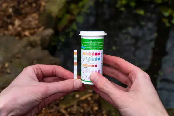 Test de dureté de l'eau pour savoir comment augmenter la dureté de l'eau. Les couleurs changent sur la bandelette.
