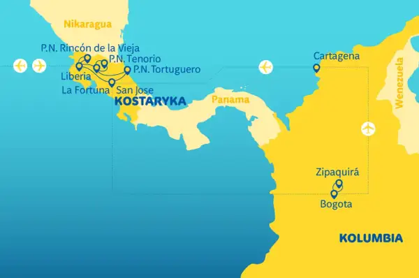 Mapa pokazuje trasę podróży przez Kostarykę, Panamę i Wenezuelę, z zaznaczonymi miastami Kolumbia, Cartagena, Bogota i Zipaquirá.