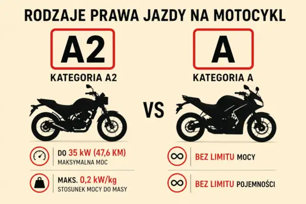 Porównanie kategorii A2 i A prawa jazdy na motor. A2 to motocykle do 35 kW, A to bez limitu mocy i pojemności.