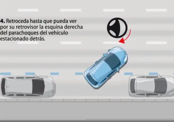 Ilustración de un coche azul aparcando en línea entre dos coches grises.