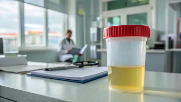 Urinprobe im Becher, bereit zur Analyse. Der Arzt im Hintergrund studiert Akten, während der unangenehme Geruch von Urin stinkt.