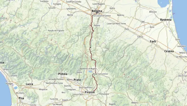 Mapa de la Via degli Dei, ruta de senderismo que une Bolonia con Florencia a través de los Apeninos.