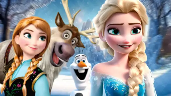 Anna und Elsa 3: Anna, Elsa, Olaf und Sven im Schnee.