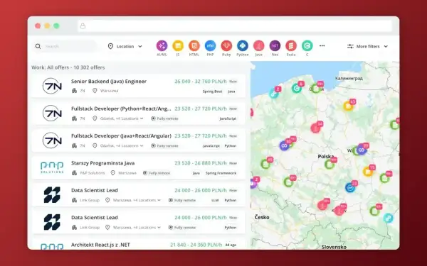 Przegląd ofert pracy: senior developer zarobki od 21 840 do 32 760 PLN/h. Widoczne oferty dla Java, Python, .NET.