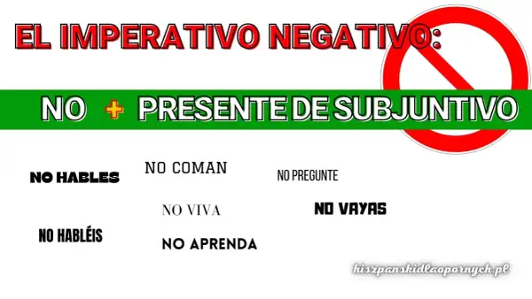 El imperativo negativo: no + presente de subjuntivo. Przykłady: no hables, no coman, no vivas, no aprendas, no vayamos.