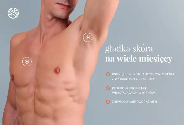 Męska klatka piersiowa i pachy po zabiegu depilacja laserowa dla mężczyzn. Gładka skóra na wiele miesięcy.