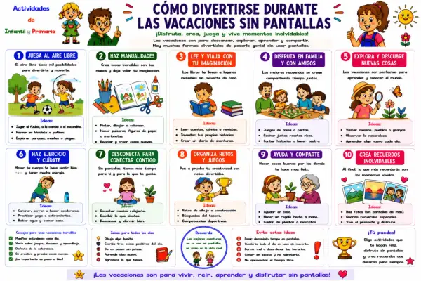 ¡Qué hacer en vacaciones con niños! Actividades para disfrutar sin pantallas: jugar al aire libre, manualidades, leer, juegos en familia, explorar, ejercicio, desconectar, retos, ayudar y crear recuerdos.