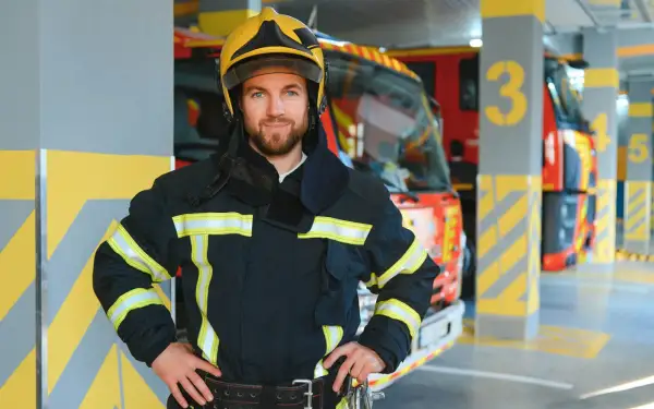 Ein Feuerwehrmann im Einsatz, bereit für seinen wichtigen Beruf. Im Hintergrund stehen Einsatzfahrzeuge in einer Garage.
