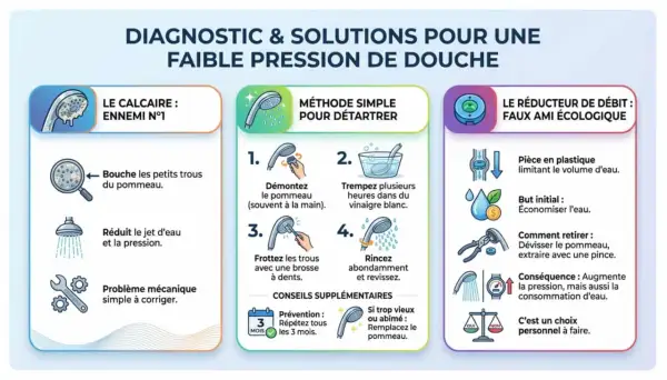 Le calcaire bouche le pommeau de douche, réduisant la pression. Une méthode simple pour détartrer et retrouver un jet puissant.