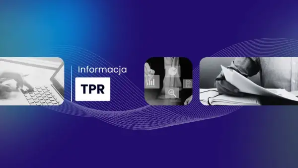 Informacja TPR: ręce piszące na laptopie, ikony analizy danych i notatki w dzienniku.