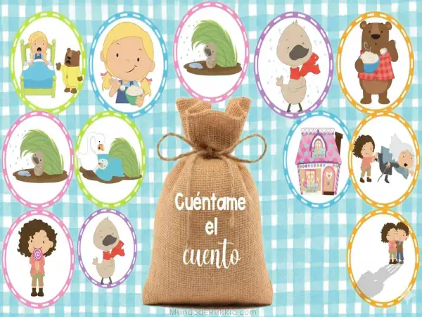 Bolsa de arpillera con la frase "Cuéntame el cuento", rodeada de ilustraciones de cuentos populares: osos, patitos, cisnes, niños y una casita.