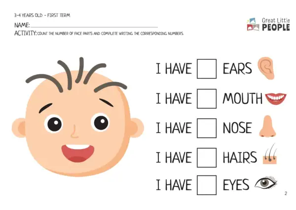 Hoja de actividades para niños sobre partes del cuerpo en inglés. Muestra una cara sonriente y lista para completar cuántas orejas, boca, nariz, pelos y ojos tiene.