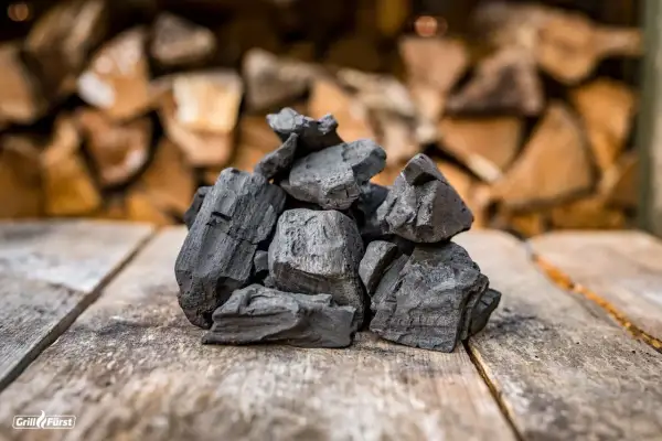 Holzkohle auf Holz, ein Ergebnis der Verkohlung von Holz, zeigt, wie Holzkohle hergestellt wird.