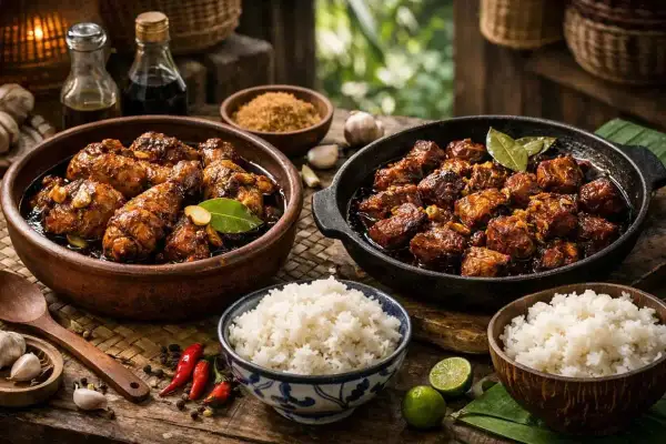 En skål med kyckling adobo och en panna med fläsk adobo, serveras med ris, chili och lime.