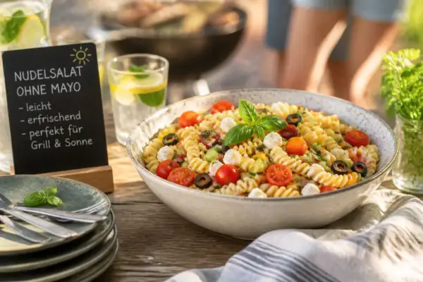Leckerer Nudelsalat ohne Mayo mit Tomaten, Mozzarella und Oliven. Perfekt für Grill & Sonne!