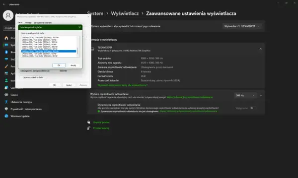 Okno dialogowe z listą częstotliwości odświeżania monitora (Hz) i ustawieniami wyświetlacza w systemie Windows.