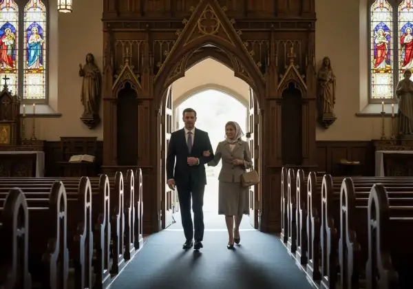 Elegancka para wchodzi do kościoła. On w garniturze, ona w kostiumie i apaszce. Wskazówka, jak się ubrać na msza trydencka.