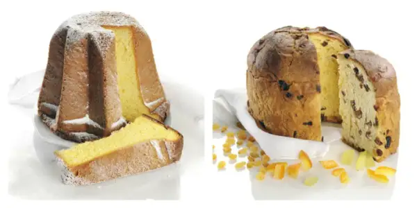 Un pandoro étoilé saupoudré de sucre glace à gauche, et un panettone aux fruits confits à droite.