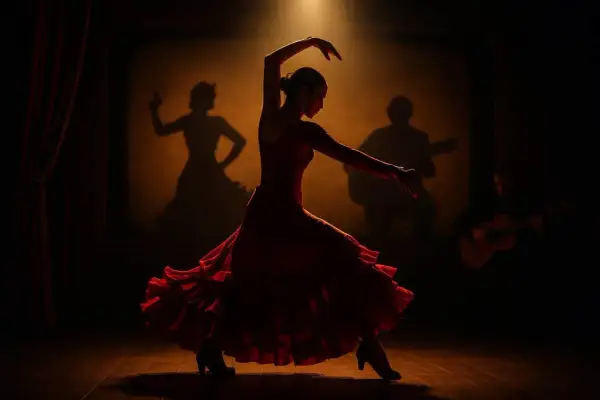Bailarina de flamenco con vestido rojo, sombras de guitarrista y bailaora en el fondo. Escena de un documental flamenco.
