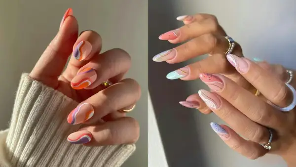 Manucure aux motifs abstraits et ondulés, un nail art vague coloré et pastel avec des touches dorées.