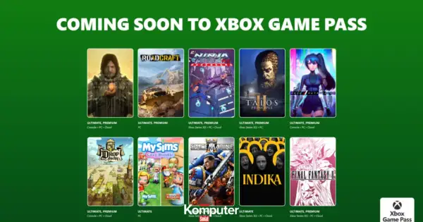 Grafika przedstawia okładki gier dostępnych w Xbox Game Pass, z napisem "Coming Soon to Xbox Game Pass".