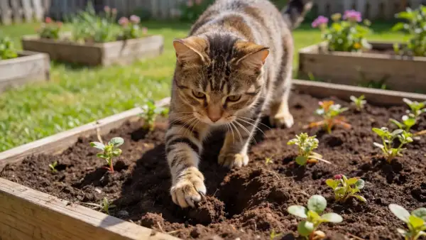 En randig katt smyger i en köksträdgård. Kaffesump mot katter kan vara ett bra sätt att skydda dina plantor.