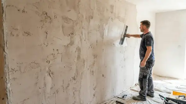 Un homme applique de l'enduit sur un mur texturé, prêt à peindre un mur déjà peint sans poncer.