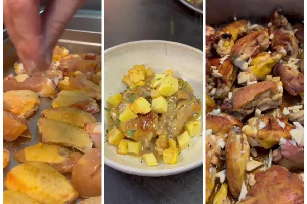 Preparación de pollo al ajillo: alitas crudas, plato servido con patatas y pollo cocinado con ajo.