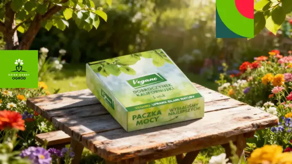 Pudełko z napisem "Vegano Dobroczynek Kalifornijski" na drewnianym stole w ogrodzie pełnym kwiatów.