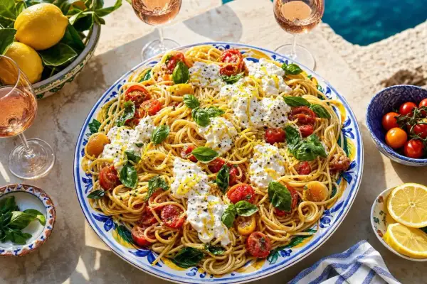 Spaghetti all'assassina, un plat de pâtes aux tomates cerises, burrata crémeuse et basilic frais, arrosé d'huile d'olive et de zeste de citron.
