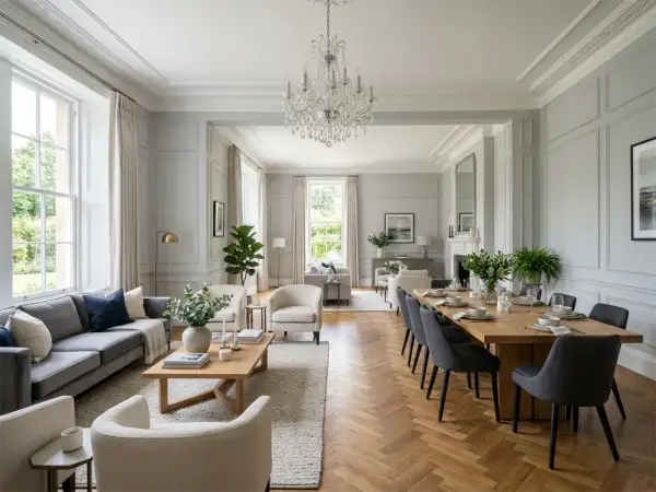 Elegancki salon w stylu angielskim z szarą sofą, drewnianym stołem i kryształowym żyrandolem.