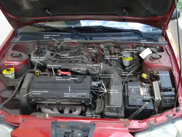 Silnik Toyota Yaris 1.3 benzyna, zaznaczony filtr paliwa. Widok komory silnika z elementami: akumulator, bezpieczniki, komputer, przekaźniki.
