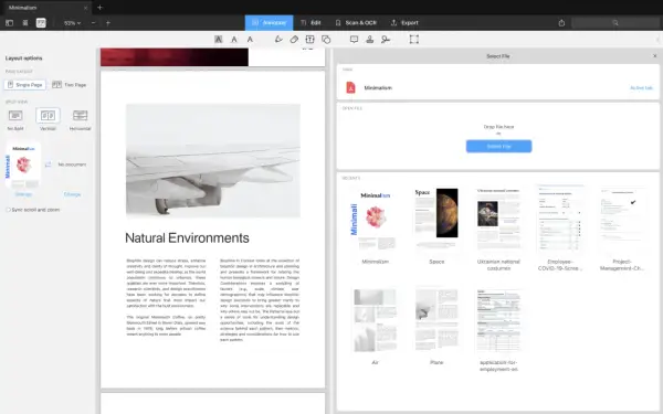 Jak połączyć pliki PDF? Interfejs programu do edycji PDF pokazuje opcje układu strony, podziału widoku i ostatnio otwierane dokumenty, sugerując sposób na scalenie plików.