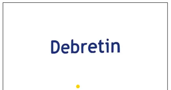Niebieski napis "Debretin" na białym tle. Pod nim mała żółta kropka.