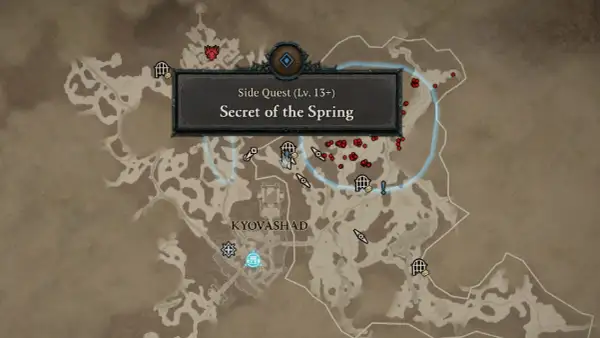 Mapa z gry Diablo 4, zaznaczona misja poboczna "Tajemnice źródła" (Secret of the Spring) w okolicach Kyovashad.