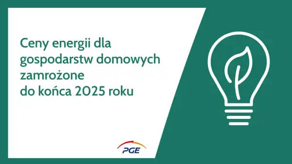 Grafika z żarówką i liściem, tekst: Ceny energii dla gospodarstw domowych zamrożone do końca 2025 roku.
